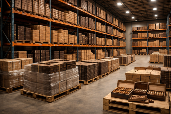 Large cigar warehouse interior with shelves of boxed cigars and pallets, industrial storage environment