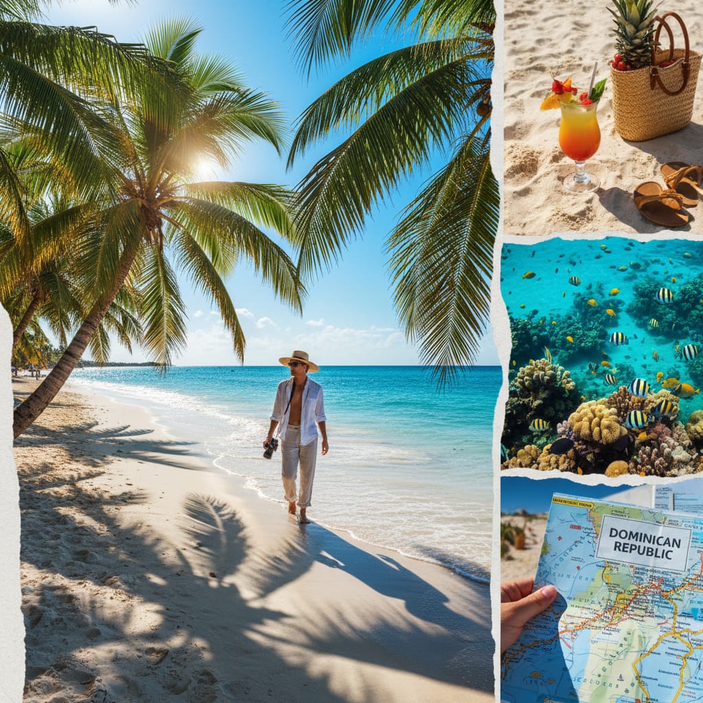 A collage showing sun-drenched beaches, palm trees, and a traveler in light summer clothing in the Dominican Republic.