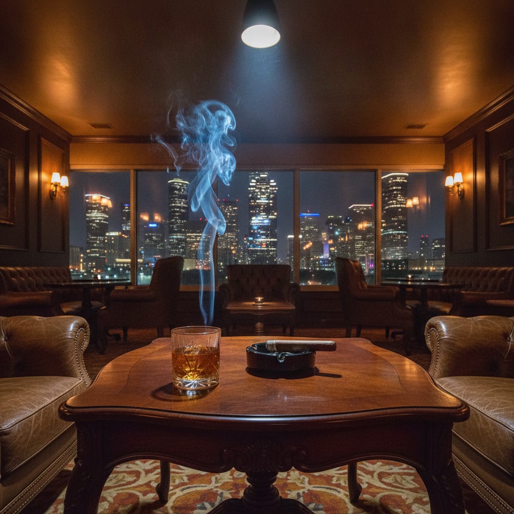 A dimly lit, sophisticated Houston cigar lounge with swirling smoke, a whiskey glass, and a city night skyline view.