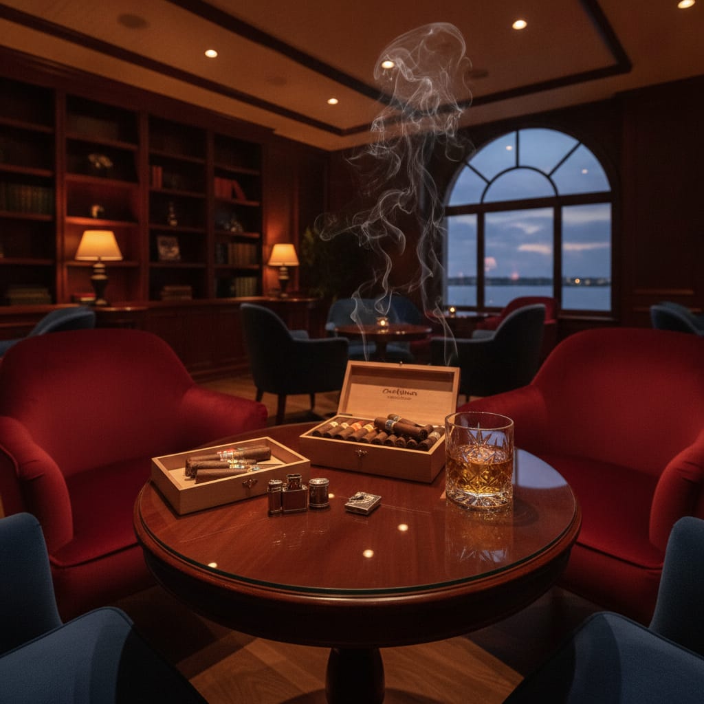 A dimly lit, upscale Tampa cigar lounge featuring premium cigars, a glass of whiskey, and elegant ambient lighting.