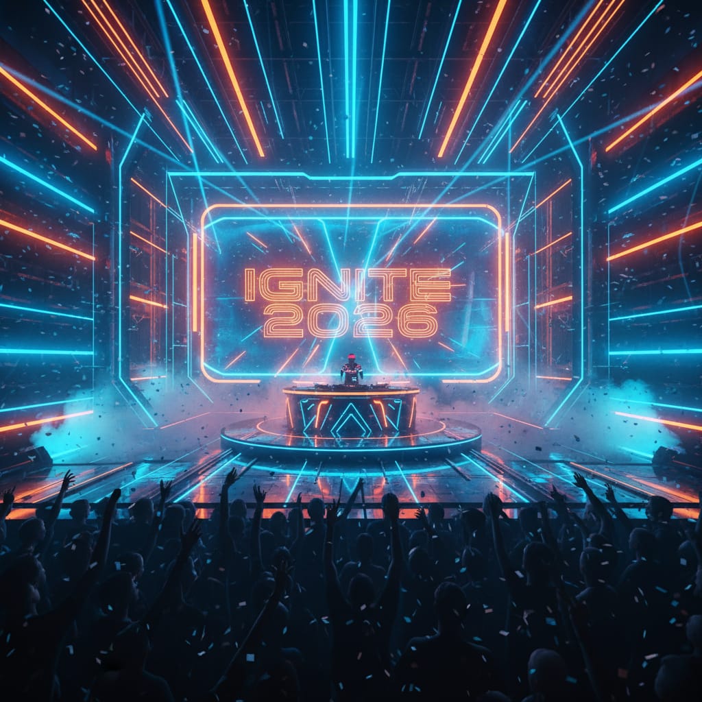 A high-tech conference stage bathed in blue and orange neon, featuring a large holographic 'IGNITE 2026' logo.