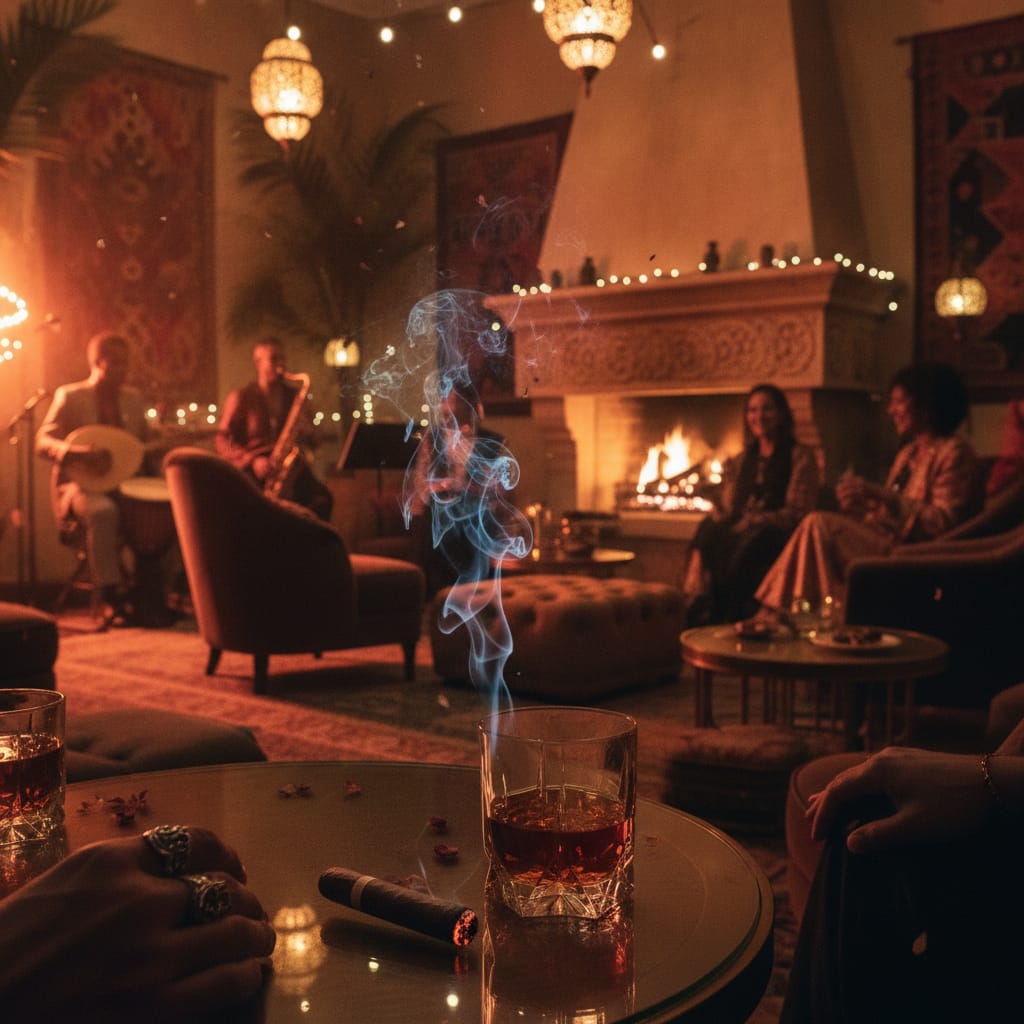 A lit cigar and glass of whiskey on a dark table with warm ambient festival lighting.