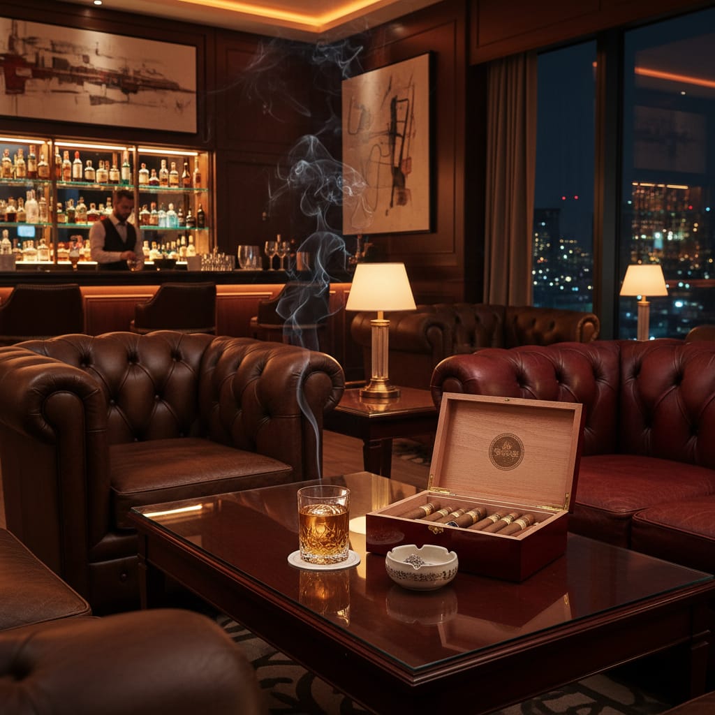 A luxurious lounge setting with leather chairs, a glowing humidor, and a glass of scotch, suggesting a high-end cigar event.