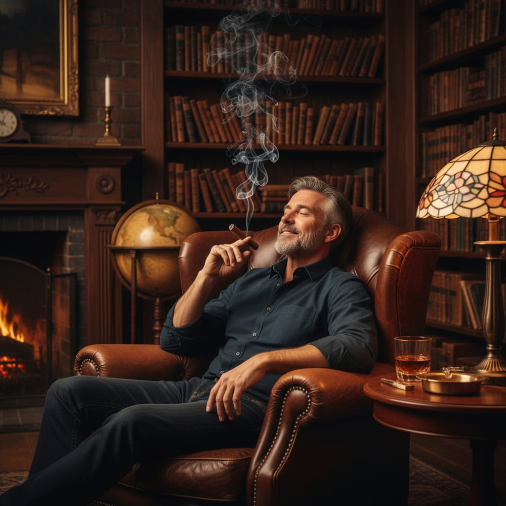 A man relaxing in a leather chair while smoking a cigar in a dimly lit, rustic study setting for Father's Day.