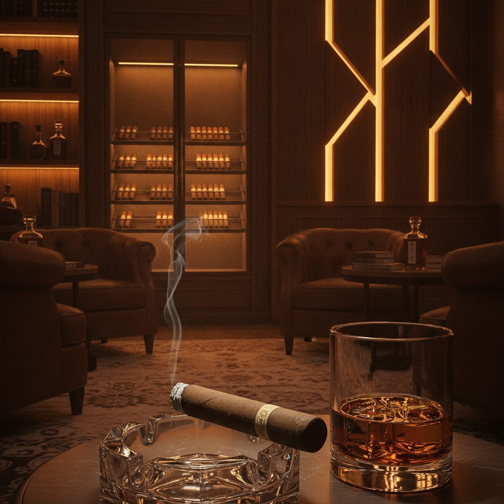 A premium cigar and glass of whiskey on a table in a luxurious, warm-lit lounge setting.