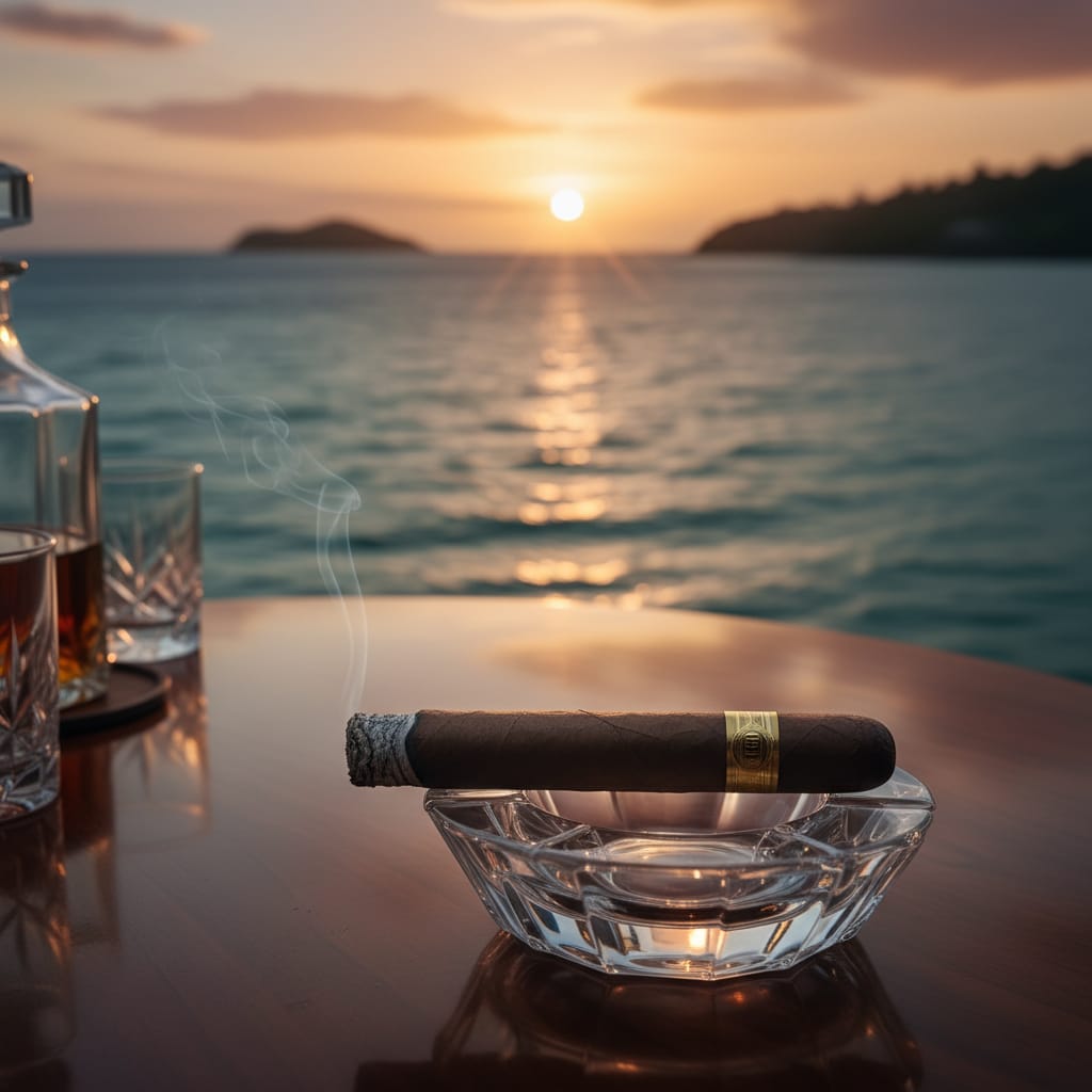 A premium cigar on a crystal ashtray overlooking a tropical ocean at sunset.