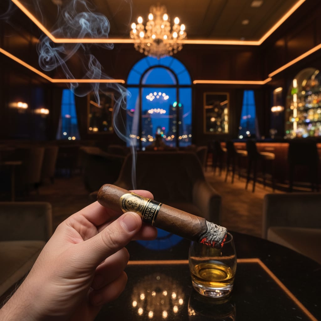 A premium lit cigar resting in a glass ashtray inside a dimly lit, upscale lounge with the St. Louis skyline at night.