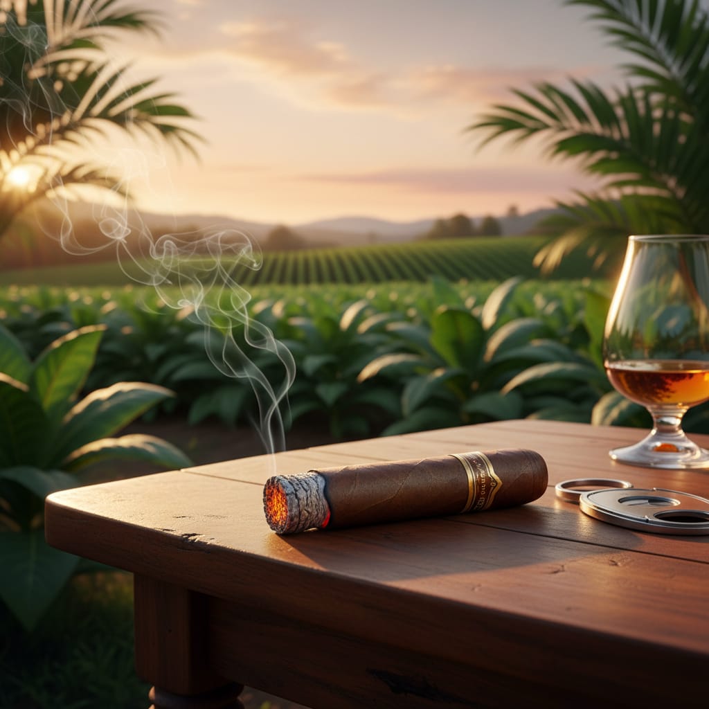 A premium Nicaraguan cigar resting on a wooden table with lush tobacco fields blurred in the background.