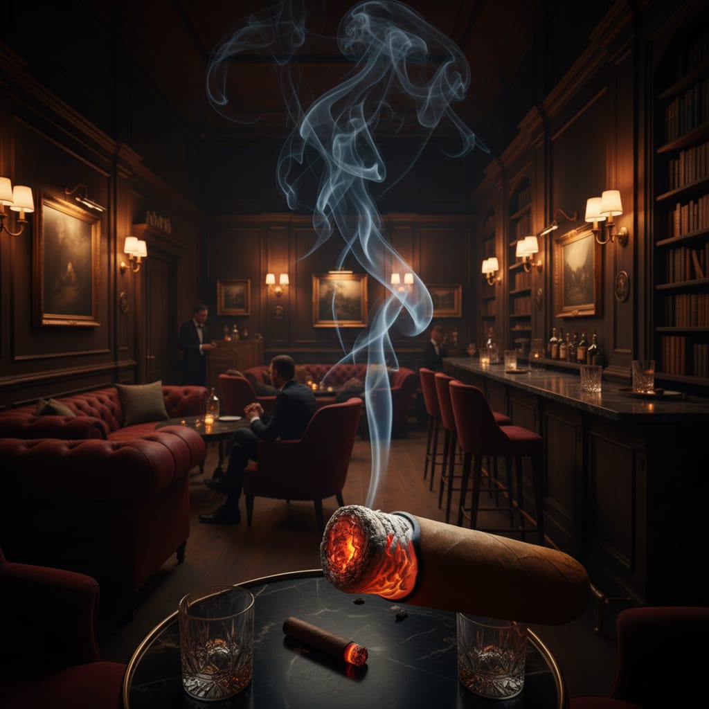 A sophisticated cigar lounge featuring glowing embers, swirls of aromatic smoke, and a warm, inviting atmosphere.