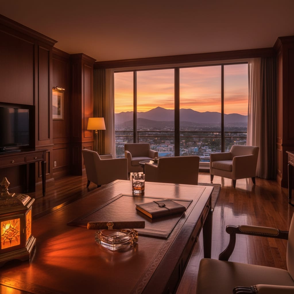 A sophisticated hotel suite in Santiago de los Caballeros with a premium cigar on a desk and mountain views.
