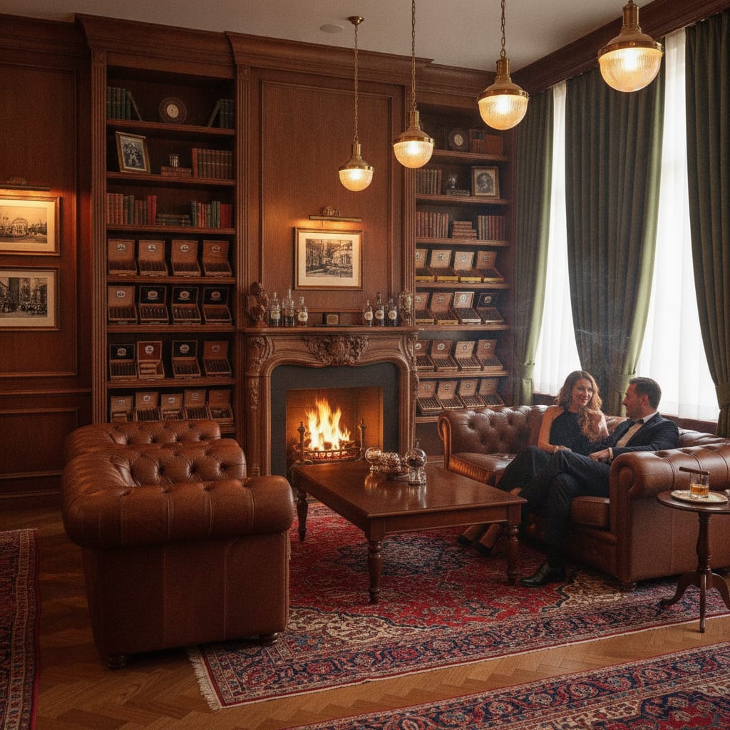 A sophisticated lounge interior featuring dark wood shelving, premium cigars, and comfortable leather armchairs.