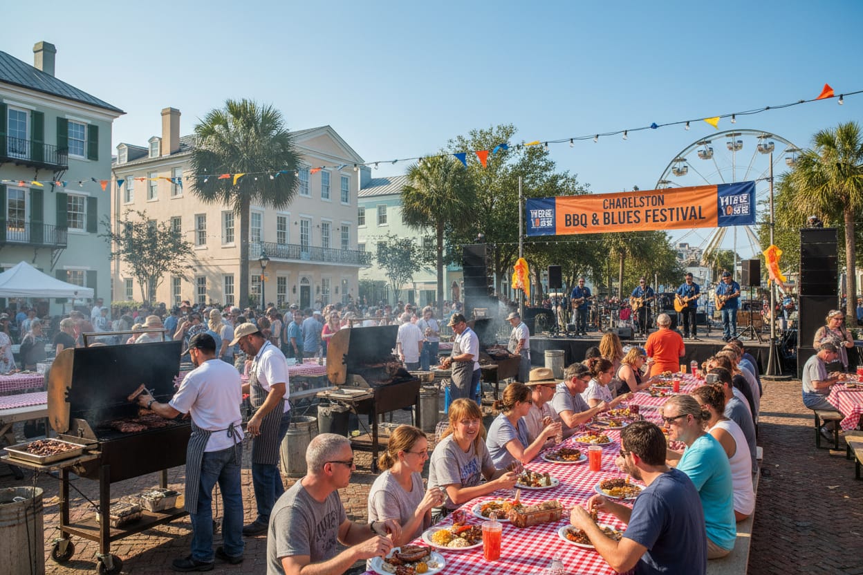 A sunny outdoor BBQ festival in Charleston, SC, with people gathered around smoking grills and historic buildings in the background.