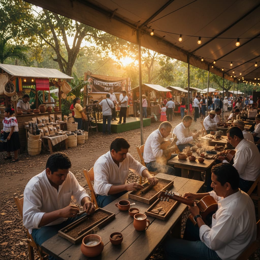 Artisans preparing cigars and coffee at a vibrant outdoor festival in Danlí, Honduras, during a sunny golden hour.