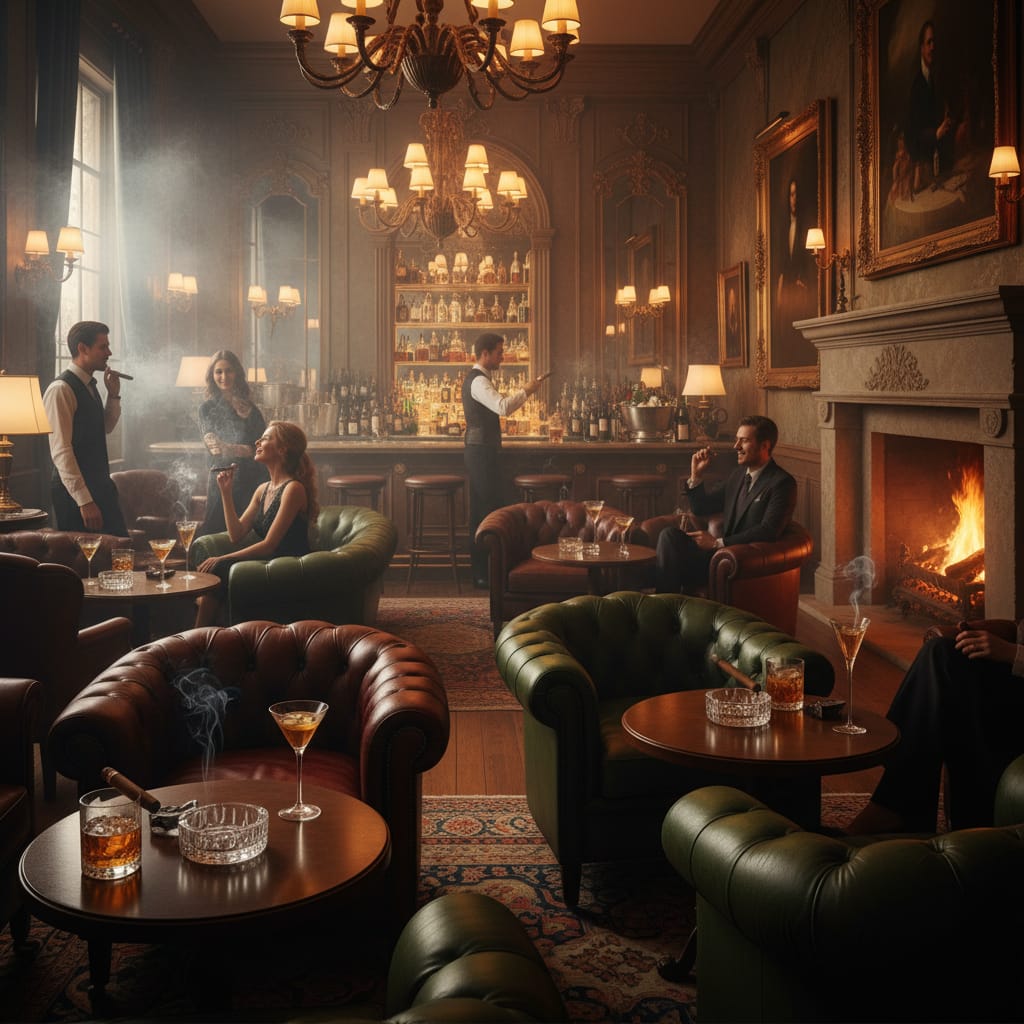 Attendees enjoying luxury cigars and cocktails in a dimly lit, upscale lounge setting during a special event.