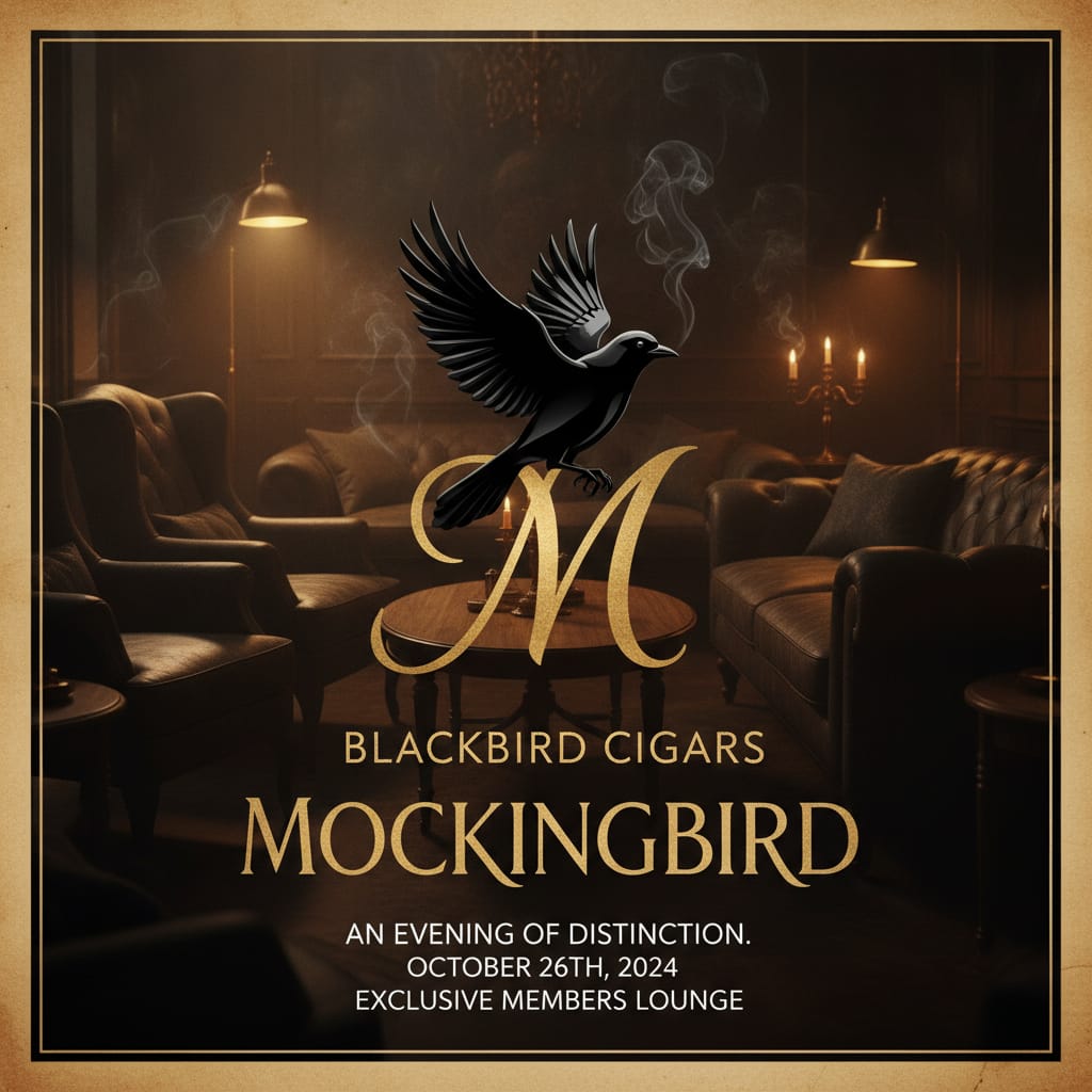 Blackbird Cigars Mockingbird event banner with sleek branding and sophisticated lounge ambiance.