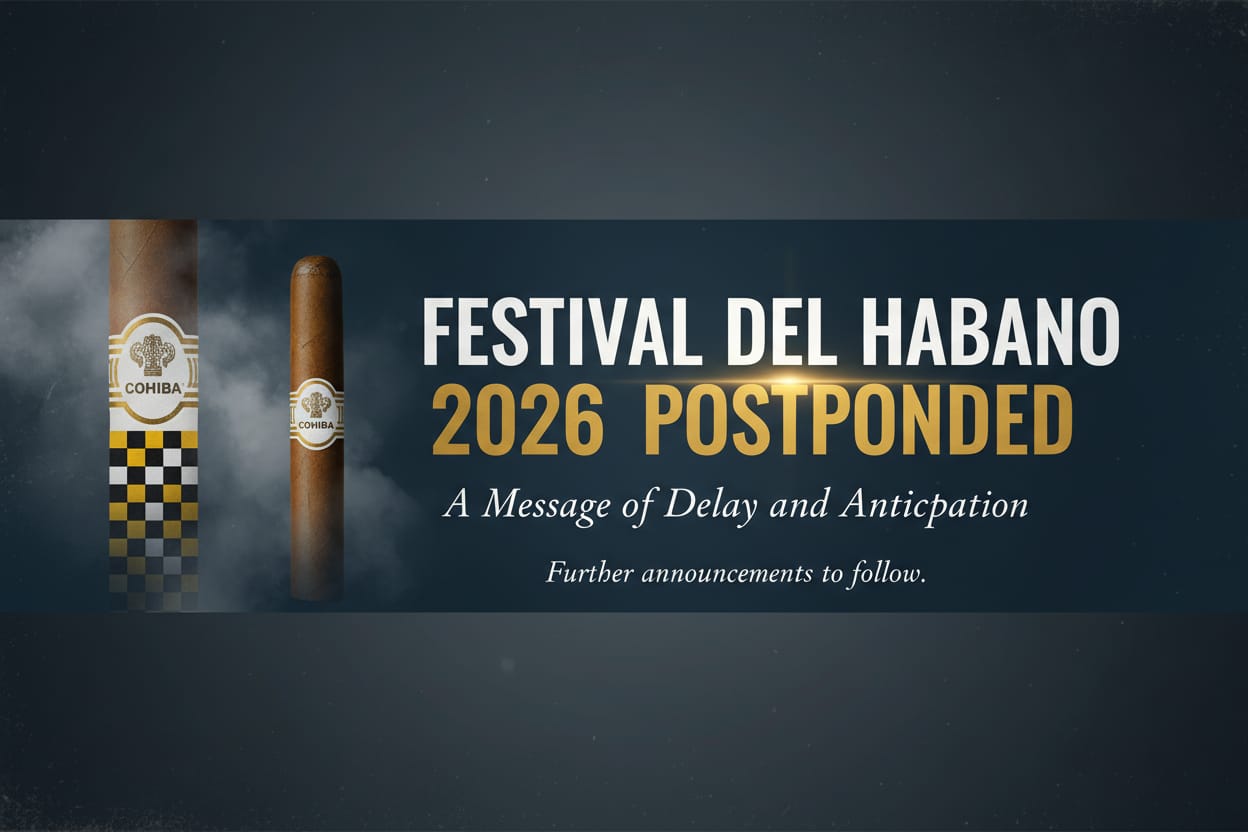 Breaking news graphic announcing the postponement of Festival del Habano 2026, with Cohiba branding.