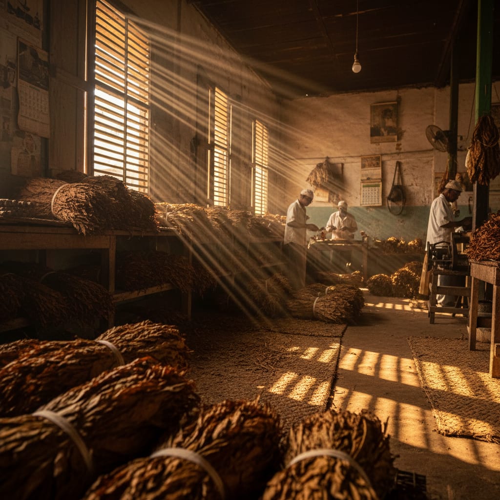 Bundles of dried tobacco leaves illuminated by soft sunlight inside a rustic wooden workshop in Santiago.