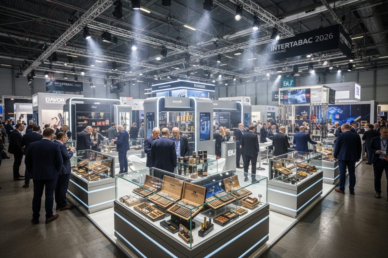 Busy trade show floor at InterTabac 2026 in Dortmund, featuring modern exhibition stands and tobacco product displays.