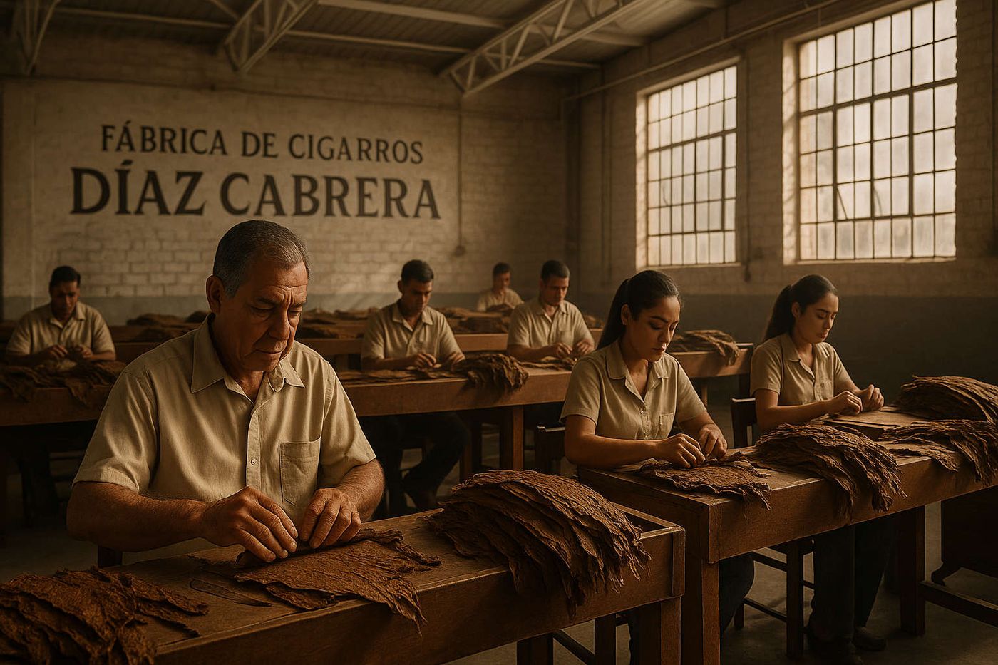 Artisans hand-rolling cigars inside the Díaz Cabrera Cigar Factory in Santiago, Dominican Republic, illuminated by warm natural light and showcasing the precision of Dominican craftsmanship