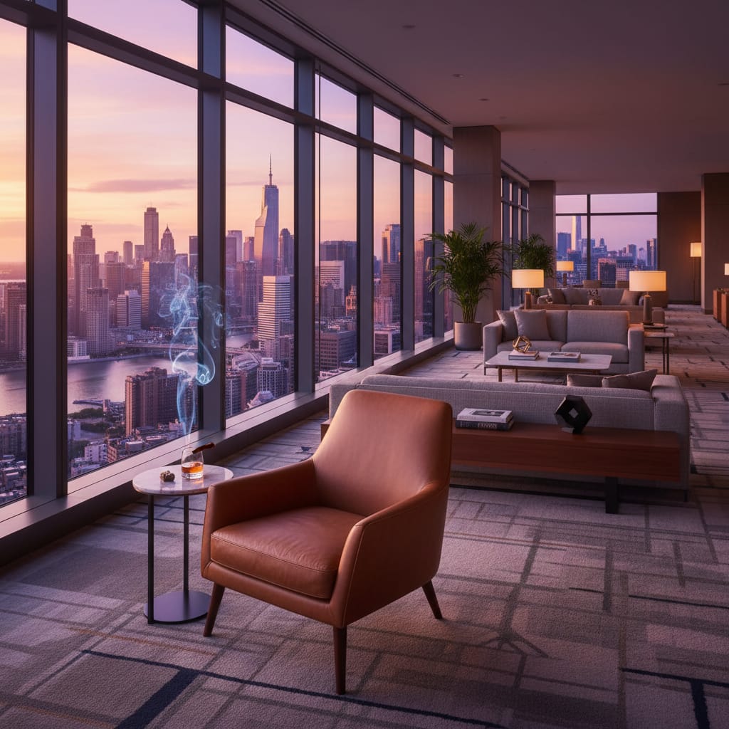 Elegant airport lounge interior with city skyline view, setting a mood for sophisticated travel planning.