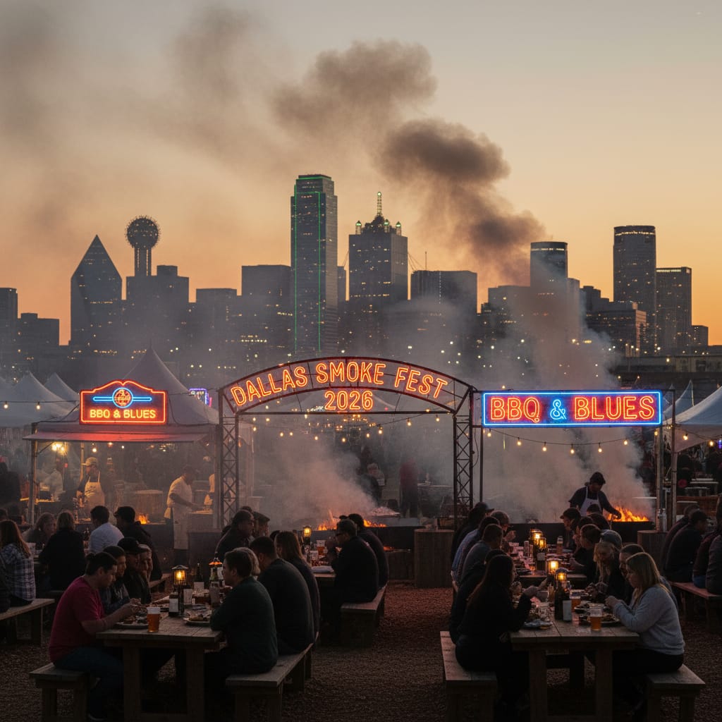 Evening scene at Dallas Smoke Fest with glowing city skyline, hazy barbecue smoke, and bustling outdoor food stalls.