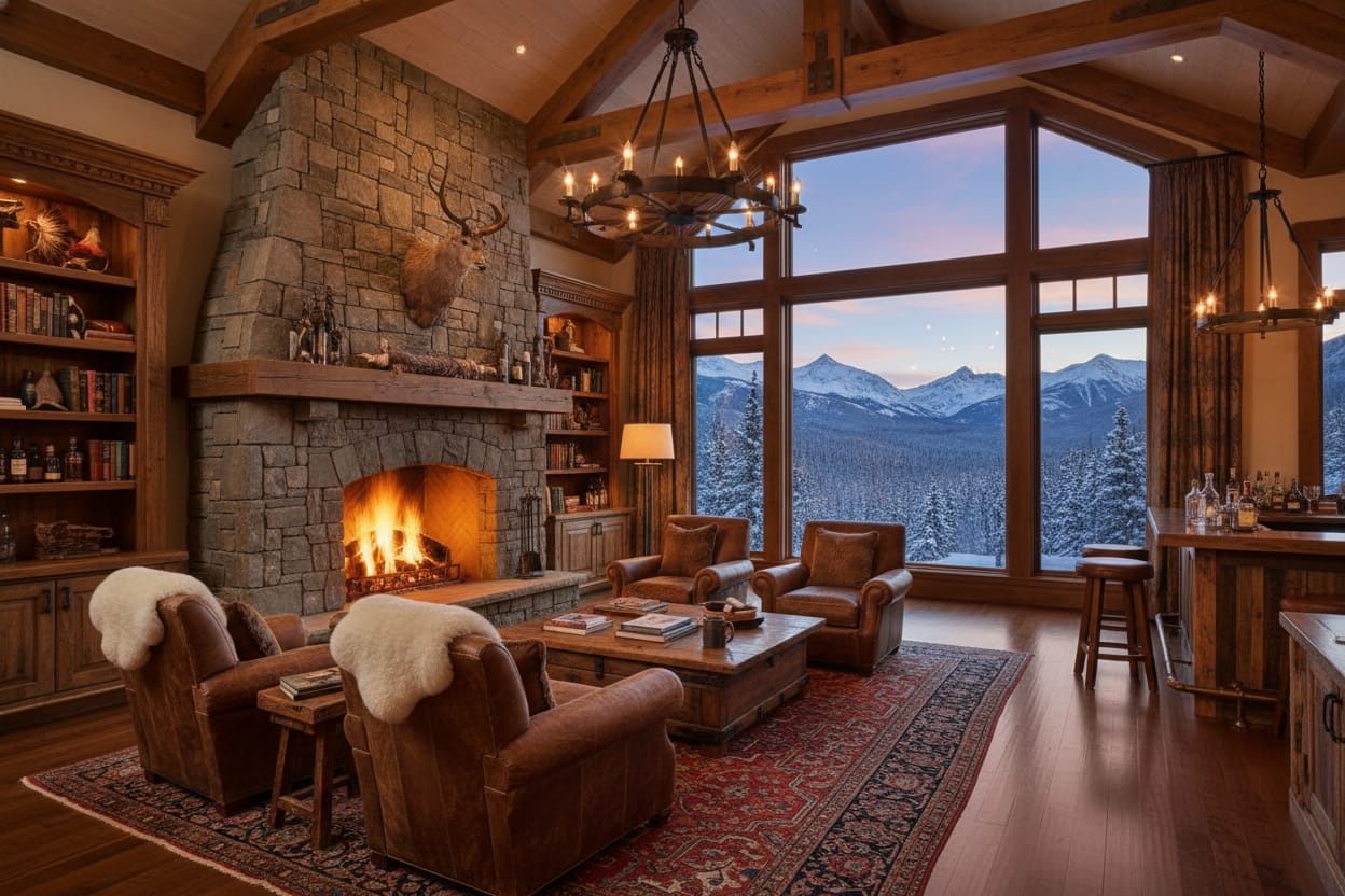 Luxurious lodge interior with leather seating, stone fireplace, and panoramic snowy Rocky Mountain views.