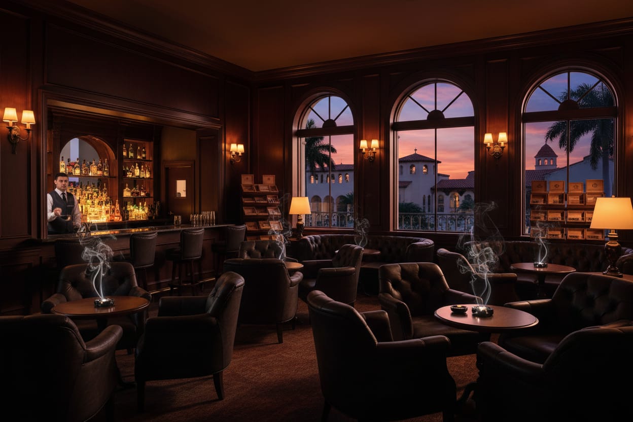 Luxurious Tampa cigar lounge interior with leather seating, amber lighting, and wisps of cigar smoke.