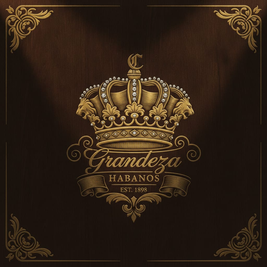 Luxury cigar brand logo featuring a detailed gold crown crest against a dark mahogany background.