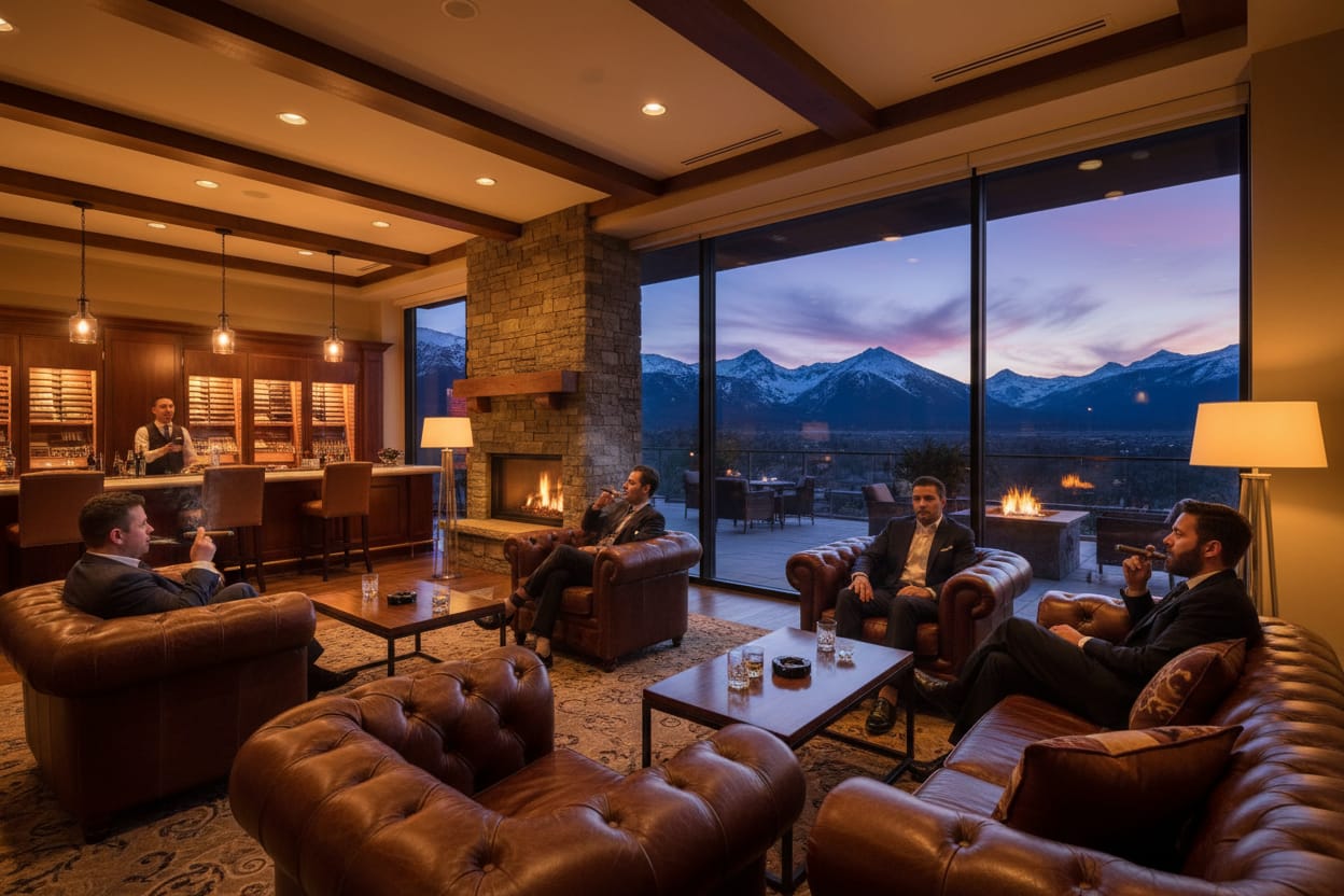 Luxury Rocky Mountain cigar festival setting with a view of the mountains at dusk.