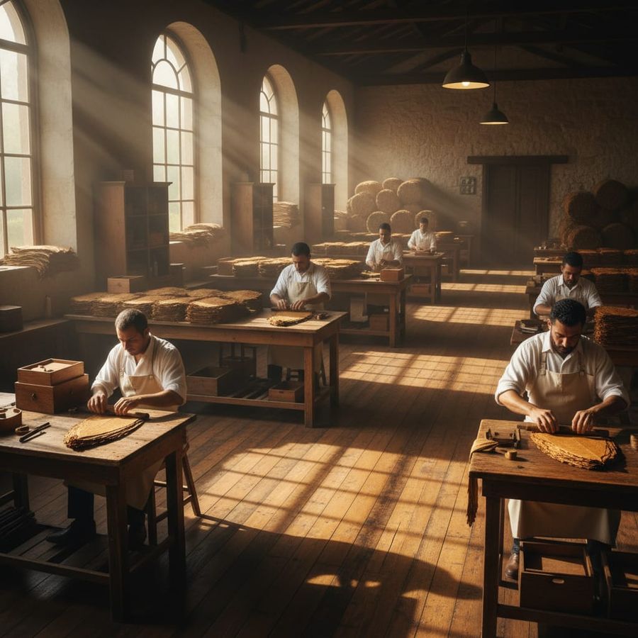 Master cigar rollers crafting premium cigars at wooden workbenches in the sunlit Davidoff Tabadom factory.