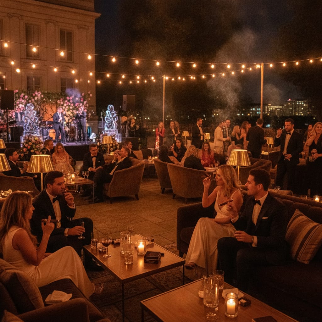 People enjoying premium cigars and drinks at an elegant evening outdoor festival with warm ambient lighting.