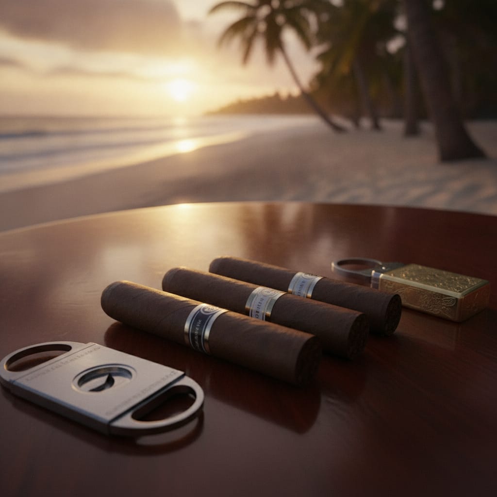 Premium cigars on a wooden table with a tropical beach and sunset in the background.
