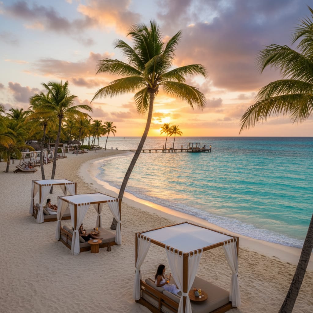 Pristine white sand beach and turquoise water at a luxury resort in Punta Cana under a warm sunset sky.