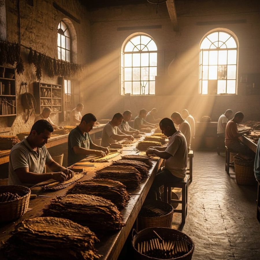 Skilled artisans hand-rolling premium cigars at wooden workstations in a sunlit Davidoff factory in the Dominican Republic.