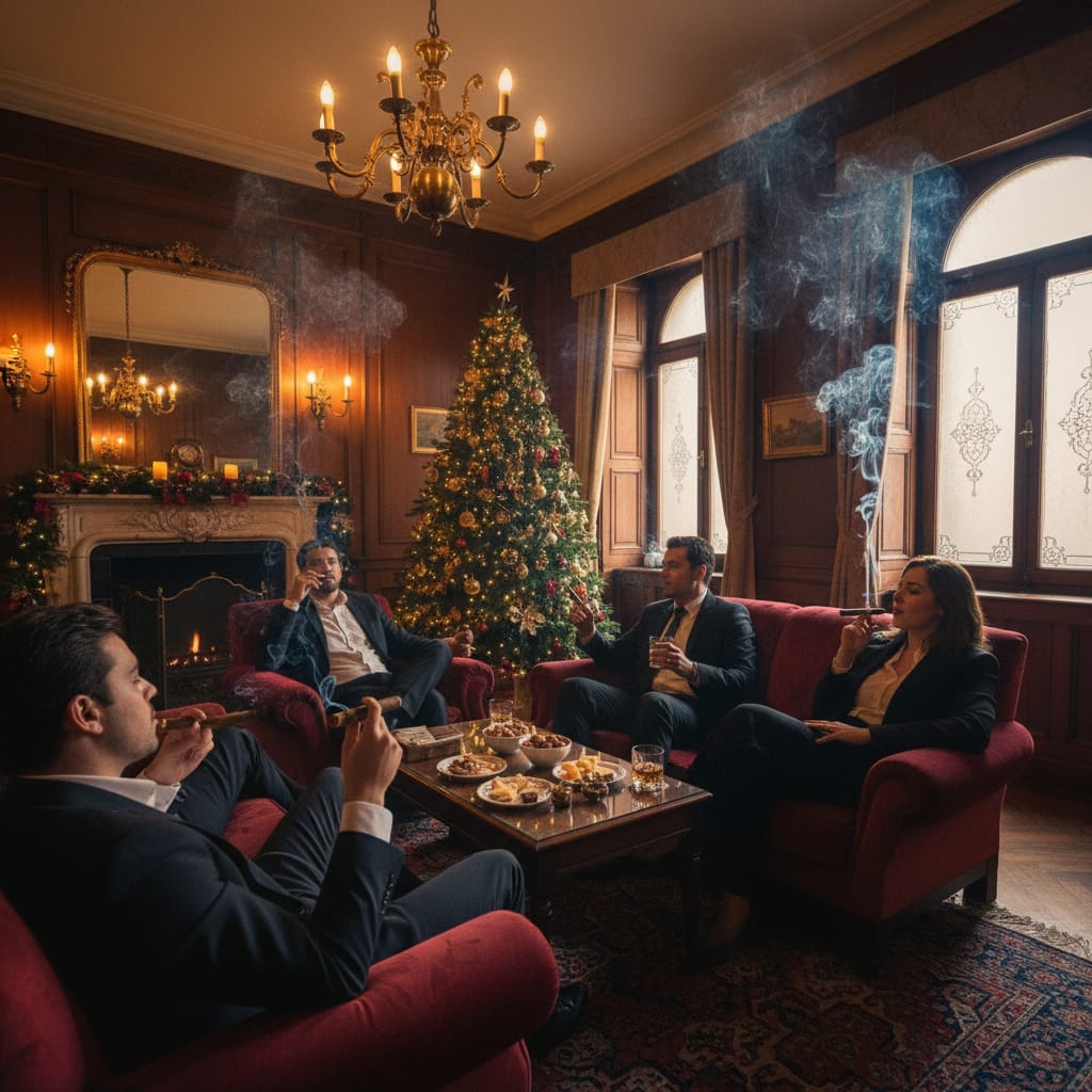 Sophisticated guests smoking premium cigars in a luxurious, dimly lit mahogany lounge during a Santiago holiday gala.