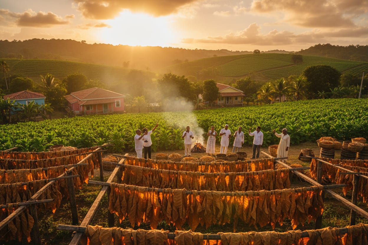 Sunset over a vast Dominican Republic tobacco farm with rolling green hills and drying tobacco leaves.