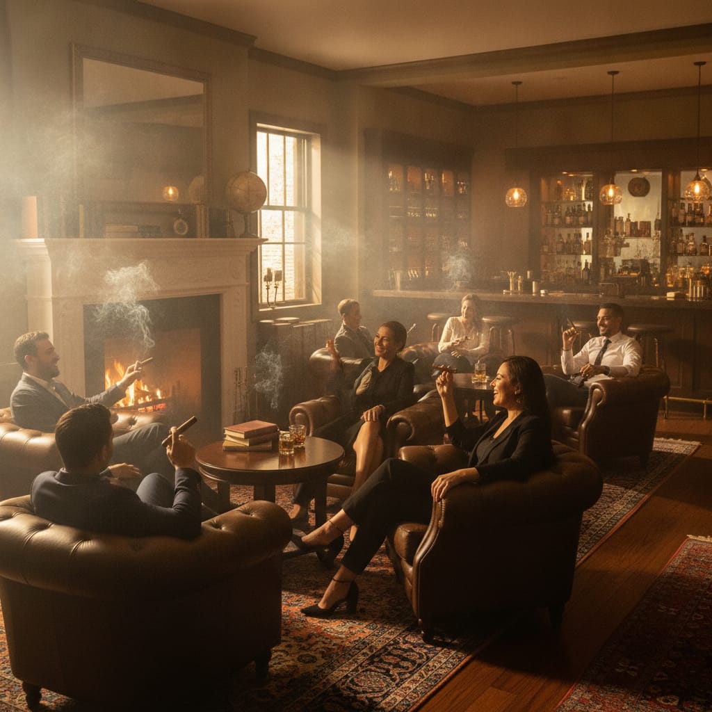 Upscale cigar lounge interior with comfortable leather seating and ambient lighting for an event.