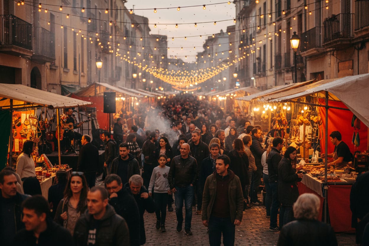 Vibrant, crowded street festival at dusk with string lights, colorful stalls, and happy people enjoying the evening.