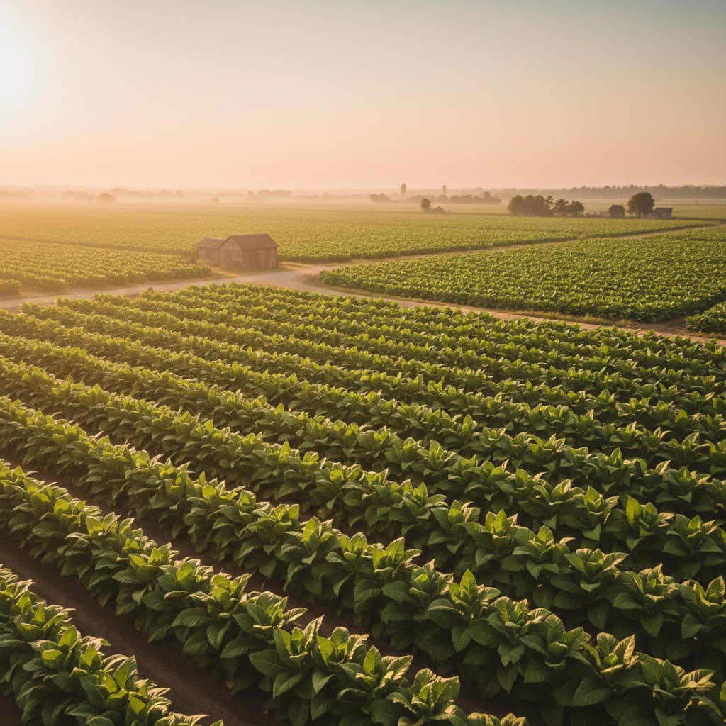 Vibrant green tobacco plants growing in neat rows under the soft, golden light of a sunlit afternoon.