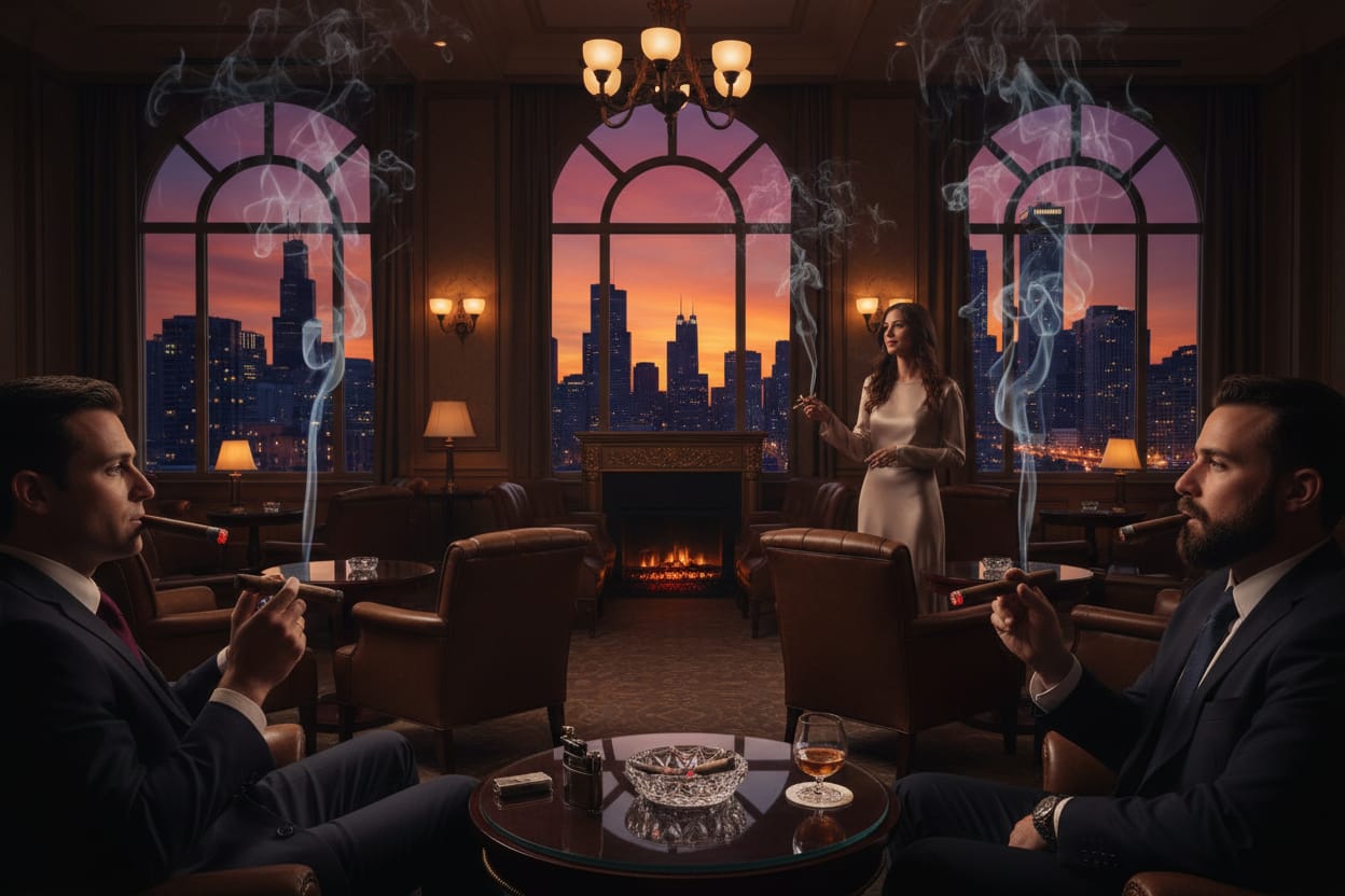 View of a sophisticated lounge overlooking the Chicago skyline at dusk, with cigars smoking.