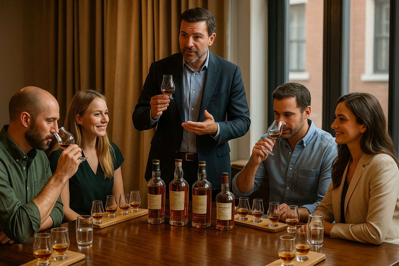 A professional whiskey tasting event with a sommelier guiding a small group through premium whiskey samples in an elegant setting